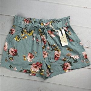 Jolt High Waist Paper Bag Style Floral Elastic Waistband Tie Shorts Size Small